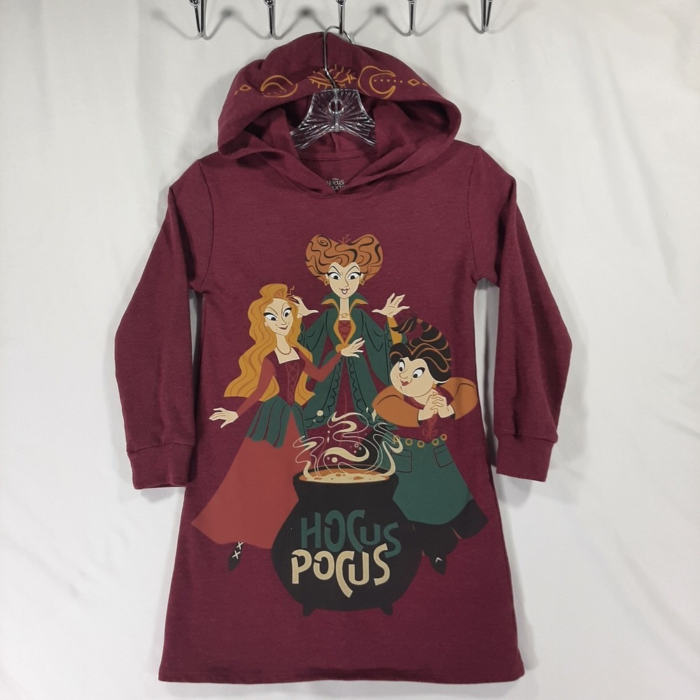 Disney Kids Hocus Pocus Sanderson Sisters Hooded Graphic‎ Dress Burgundy S 6/6X